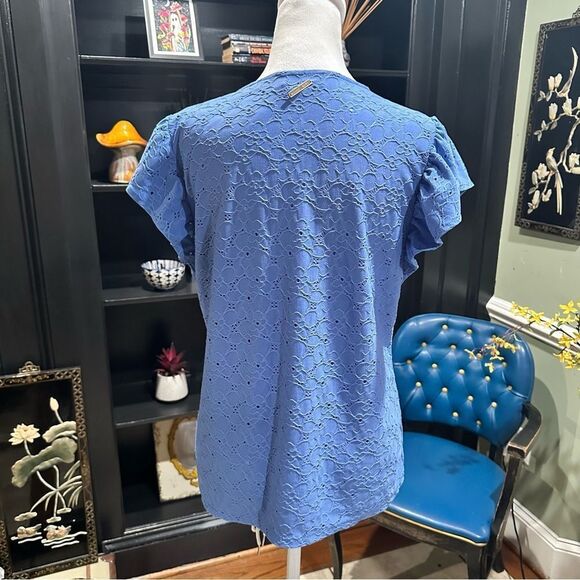 Michael Kors Blue Floral Textured Flutter Sleeve Blouse Size Medium - Picture 6 of 11
